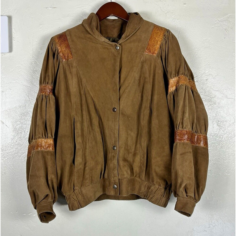 Vintage Norceur Genuine Leather Jacket 80s Batwing Structured Shoulder Snakeskin - Picture 2 of 16